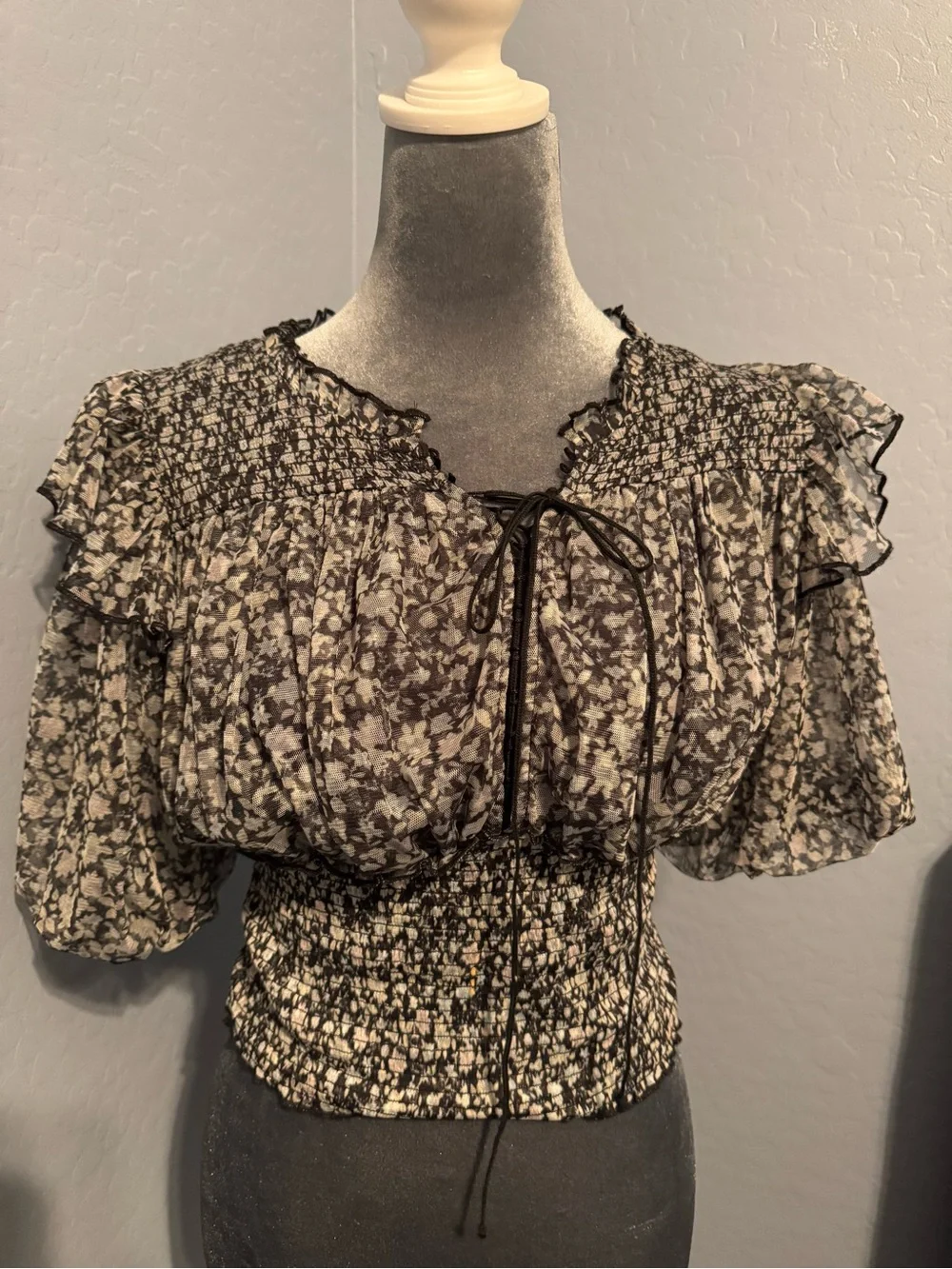 Free People Black and Cream Smocked Sheer Floral Blouse